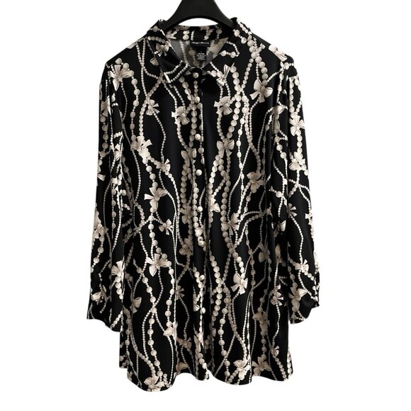 Maggie‎ Barnes Top Womens 3X Black Liquid Knit Pearls Bows Print Button Down - Picture 1 of 6